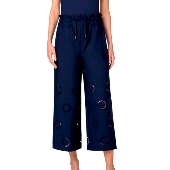 AKRIS Punto Frey Cotton Drawstring Pants With Circle Eyelet Embroidery in Navy - Picture 1 of 10